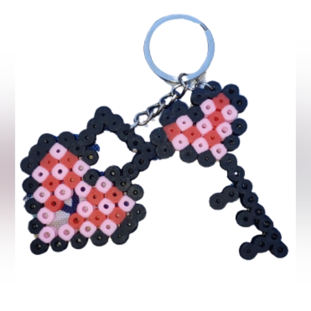 Heart lock and key perler bead keychain